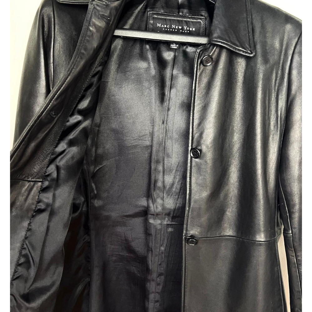 Marc New York Women L Black Genuine Leather Jacket Coat | Pockets, Lined 90s Lux - Picture 5 of 15